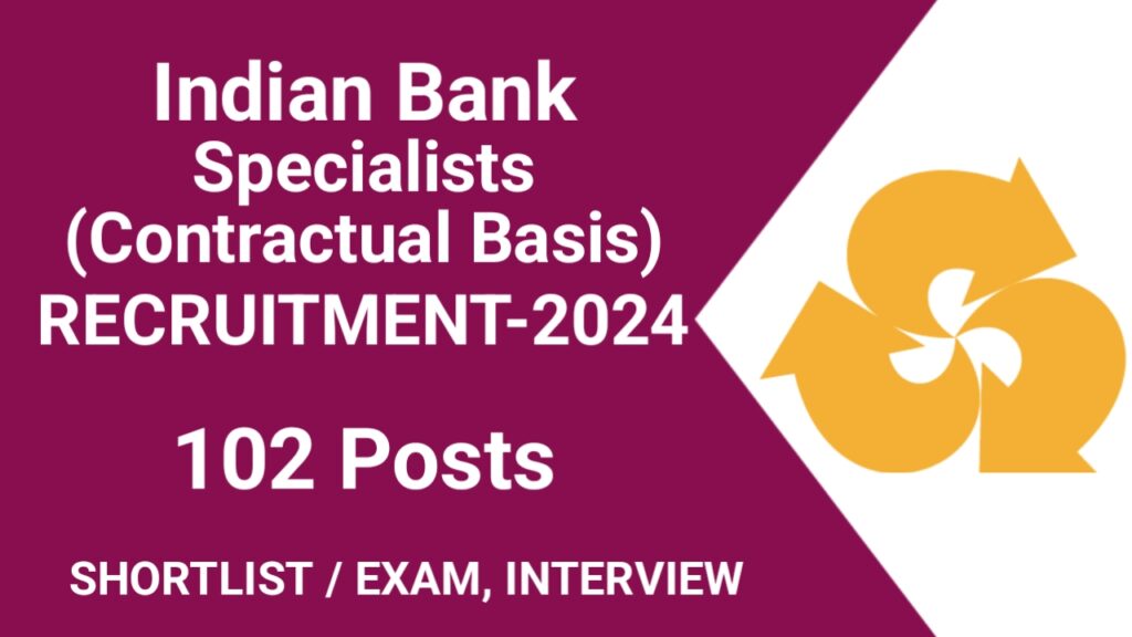 Indian Bank Specialist Recruitment 2024 For 102 Posts